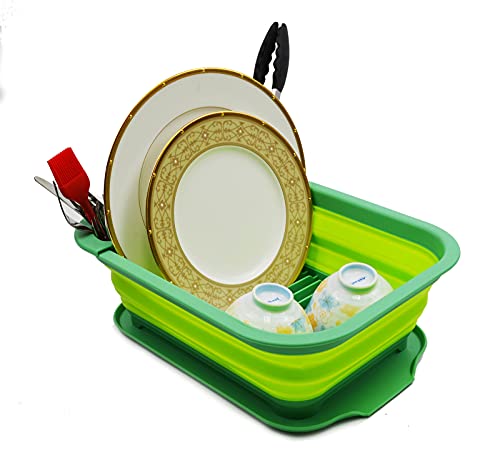 SAMMART 7.5L Collapsible Dish Drainer with Drainer Board - Foldable Drying Rack Set - Portable Dinnerware Organizer - Space Saving Kitchen Storage Tray