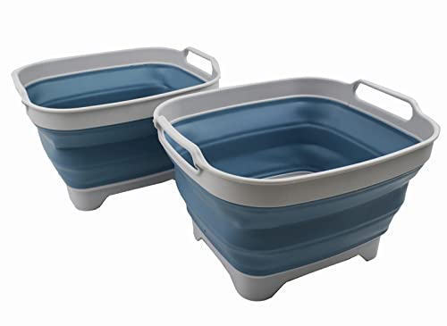 SAMMART 7.5L Collapsible Plastic Dishpan with Draining Plug - Foldable Washing Basin - Portable Dish Washing Tub - Space Saving