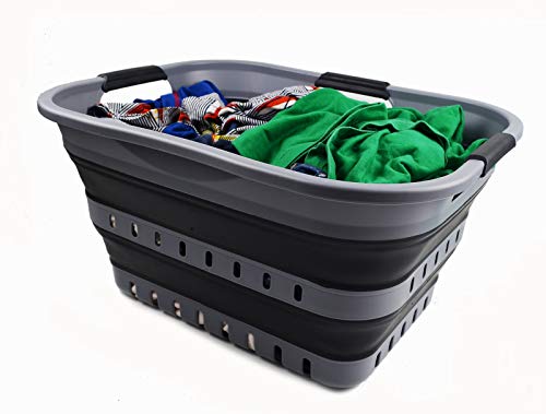 SAMMART 30L Collapsible 3 Handled Plastic Laundry Basket - Foldable Pop Up Storage Container/Organizer - Portable Washing Tub - Space Saving Hamper/Basket