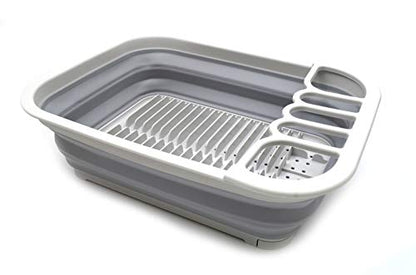 SAMMART Collapsible Plastic Dish Drainer with Drainer Board - Foldable Drying Rack Set - Portable Dinnerware Organizer - Space Saving Kitchen Storage Tray