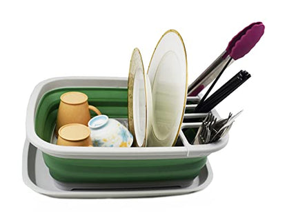 SAMMART 8L Collapsible Plastic Dish Drainer with Drainer Board - Foldable Drying Rack Set - Portable Dinnerware Organizer - Space Saving Kitchen Storage Tray