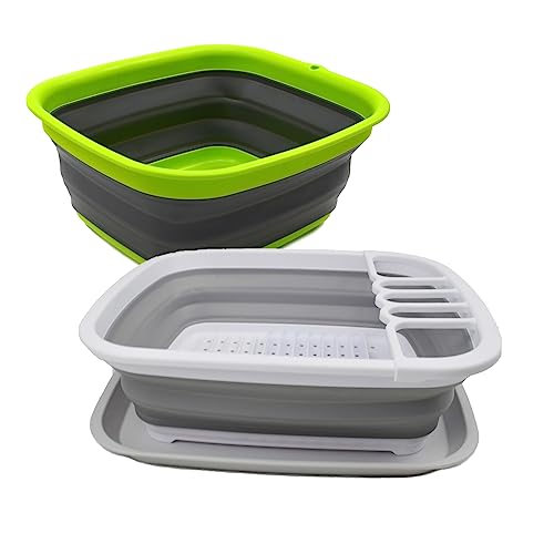 SAMMART 2pcs Set of 7.7L Collapsible Plastic Tub & 8L Collapsible Dish Drainer with Drainer Board-Foldable Drying Rack Set-Portable Organizer-Space Saving