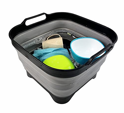 SAMMART 10L (2.64 Gallon) Collapsible Dishpan with Draining Plug - Foldable Washing Basin - Portable Dish Washing Tub - Space Saving Kitchen Storage Tray
