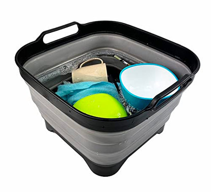 SAMMART 10L (2.64 Gallon) Collapsible Dishpan with Draining Plug - Foldable Washing Basin - Portable Dish Washing Tub - Space Saving Kitchen Storage Tray