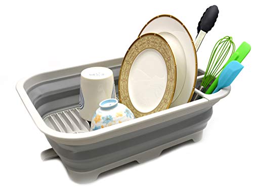 SAMMART Collapsible Dish Drainer with Swivel Spout - Foldable Drying Rack - Portable Dinnerware Organizer - Space Saving Kitchen Storage Tray