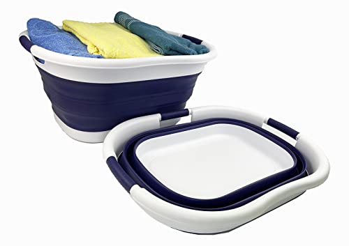 SAMMART Set of 2 Collapsible 3 handled Plastic Laundry Basket-Oval Tub/Basket-Foldable Storage Container/Organizer-Portable Washing Tub-Space Saving Laundry Hamper