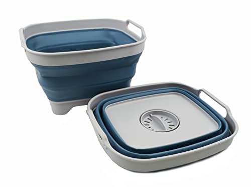 SAMMART 7.5L Collapsible Plastic Dishpan with Draining Plug - Foldable Washing Basin - Portable Dish Washing Tub - Space Saving