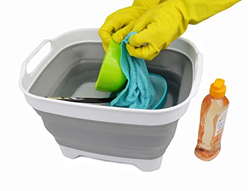 SAMMART 7.5L Collapsible Dishpan with Draining Plug - Foldable Washing Basin - Portable Dish Washing Tub - Space Saving Kitchen Storage Tray (White/Grey, 1)