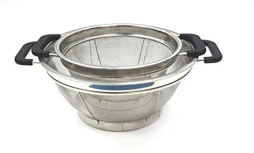 SAMMART Set of 2 Stainless Steel Mesh Colander with Black Silicone Handle - Strainer for Pasta, Noodle and Fruits