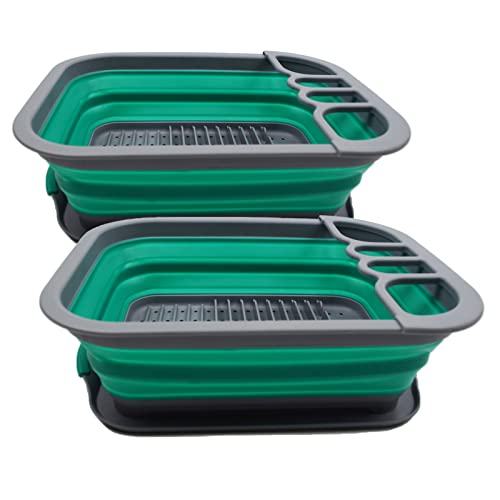 SAMMART 7.5L Collapsible Plastic Dish Drainer with Drainer Board-Foldable Drying Rack Set - Portable Dinnerware Organizer - Space Saving Kitchen Storage Tray (Dark Grey/Bluish-Green (Set of 2))