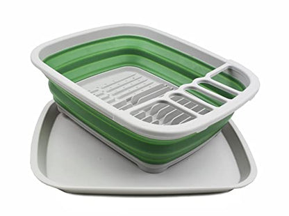 SAMMART 8L Collapsible Plastic Dish Drainer with Drainer Board - Foldable Drying Rack Set - Portable Dinnerware Organizer - Space Saving Kitchen Storage Tray