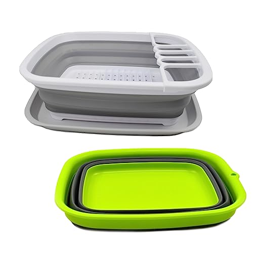 SAMMART 2pcs Set of 7.7L Collapsible Plastic Tub & 8L Collapsible Dish Drainer with Drainer Board-Foldable Drying Rack Set-Portable Organizer-Space Saving