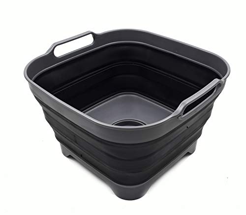 SAMMART 10L Collapsible Dishpan with Draining Plug - Foldable Washing Basin - Portable Dish Washing Tub - Space Saving Kitchen Storage Tray