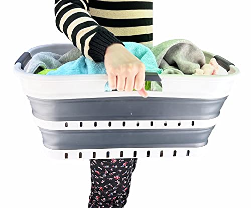 SAMMART Collapsible Laundry Basket (21L Collapsible Laundry Basket with Holes (White/Grey))