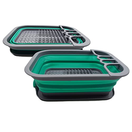 SAMMART 7.5L Collapsible Plastic Dish Drainer with Drainer Board-Foldable Drying Rack Set - Portable Dinnerware Organizer - Space Saving Kitchen Storage Tray (Dark Grey/Bluish-Green (Set of 2))