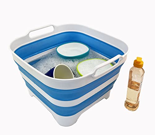 SAMMART 10L Collapsible Dishpan with Draining Plug - Foldable Washing Basin - Portable Dish Washing Tub - Space Saving Kitchen Storage Tray