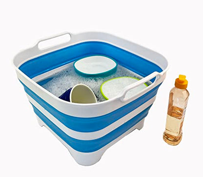 SAMMART 10L Collapsible Dishpan with Draining Plug - Foldable Washing Basin - Portable Dish Washing Tub - Space Saving Kitchen Storage Tray