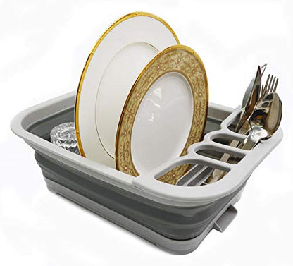 SAMMART Collapsible Dish Drainer with Drainer Board - Foldable Drying Rack Set - Portable Dinnerware Organizer - Space Saving Kitchen Storage Tray