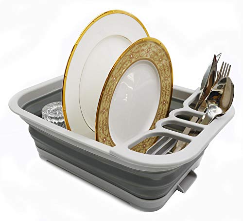 SAMMART Collapsible Dish Drainer with Drainer Board - Foldable Drying Rack Set - Portable Dinnerware Organizer - Space Saving Kitchen Storage Tray