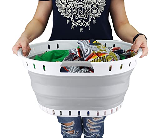 SAMMART Collapsible Laundry Basket (25L Collapsible Laundry Basket with Holes (White/Grey))