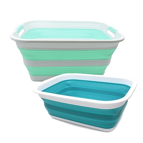 SAMMART 2 pcs Set : 42L Collapsible Plasic Laundry Basket & 9.2L Collapsible RectangularTub