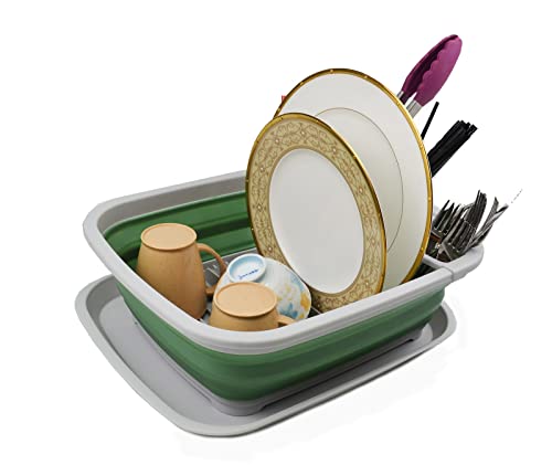SAMMART 8L Collapsible Plastic Dish Drainer with Drainer Board - Foldable Drying Rack Set - Portable Dinnerware Organizer - Space Saving Kitchen Storage Tray