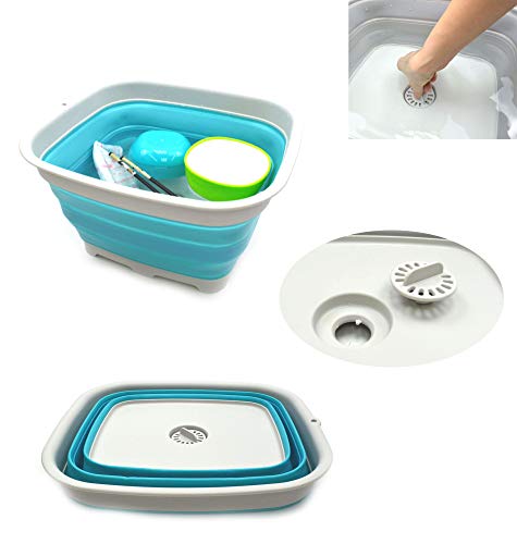 SAMMART 15L Collapsible Dishpan with Draining Plug - Foldable Washing Basin - Portable Dish Washing Tub - Space Saving Kitchen Storage Tray