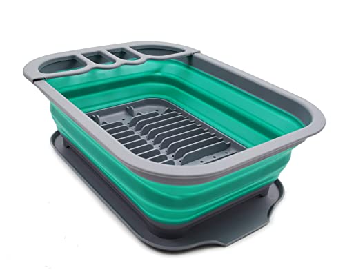 SAMMART 7.5L Collapsible Plastic Dish Drainer with Drainer Board-Foldable Drying Rack Set - Portable Dinnerware Organizer - Space Saving Kitchen Storage Tray (Dark Grey/Bluish-Green (Set of 2))