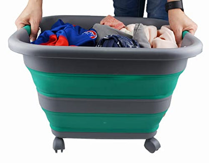 SAMMART 39L Collapsible Plastic Laundry Basket with Wheels - Foldable Pop Up Storage Container/Organizer with wheels - Portable Washing Tub - Space Saving Storage Box/Basket with wheels