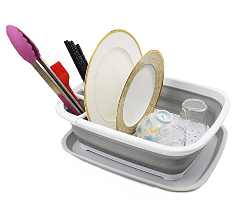 SAMMART 2pcs Set of 7.7L Collapsible Plastic Tub & 8L Collapsible Dish Drainer with Drainer Board-Foldable Drying Rack Set-Portable Organizer-Space Saving