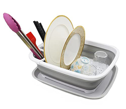 SAMMART 2pcs Set of 7.7L Collapsible Plastic Tub & 8L Collapsible Dish Drainer with Drainer Board-Foldable Drying Rack Set-Portable Organizer-Space Saving
