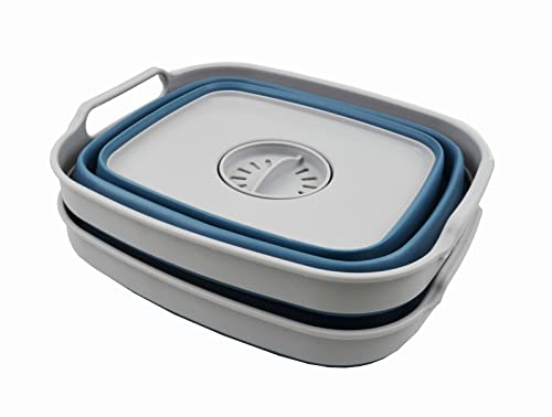 SAMMART 7.5L Collapsible Plastic Dishpan with Draining Plug - Foldable Washing Basin - Portable Dish Washing Tub - Space Saving