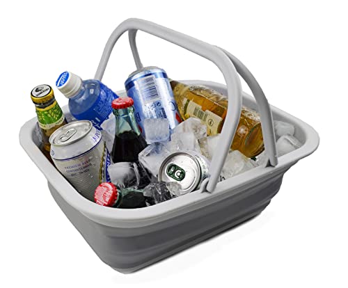 SAMMART Collapsible Basket with Handle (15L Collapsible Basket with Handle (White/Grey))