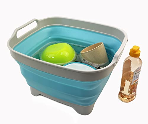 SAMMART 7.5L Collapsible Dishpan with Draining Plug - Foldable Washing Basin - Portable Dish Washing Tub - Space Saving