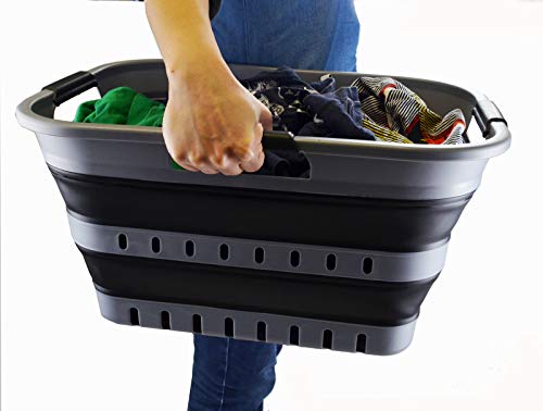 SAMMART 30L Collapsible 3 Handled Plastic Laundry Basket - Foldable Pop Up Storage Container/Organizer - Portable Washing Tub - Space Saving Hamper/Basket