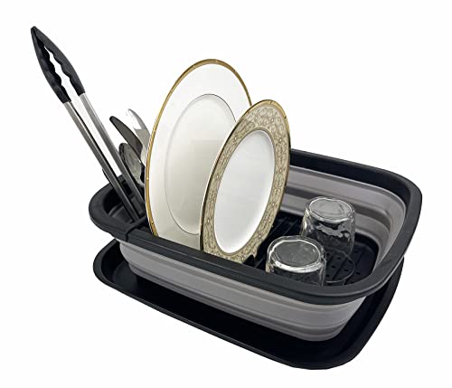 SAMMART 8L Collapsible Dish Drainer with Drainer Board - Foldable Drying Rack Set - Portable Dinnerware Organizer - Space Saving Kitchen Storage Tray