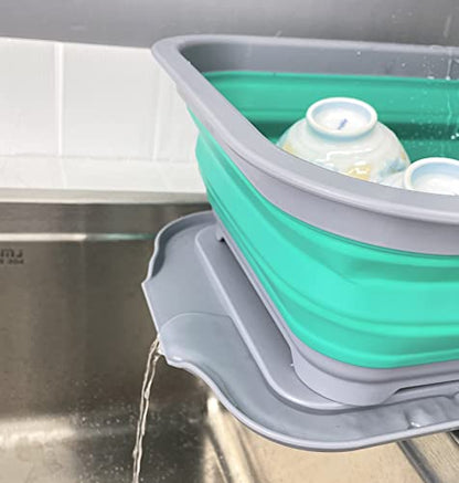 SAMMART 7.5L Collapsible Plastic Dish Drainer with Drainer Board-Foldable Drying Rack Set - Portable Dinnerware Organizer - Space Saving Kitchen Storage Tray (Dark Grey/Bluish-Green (Set of 2))