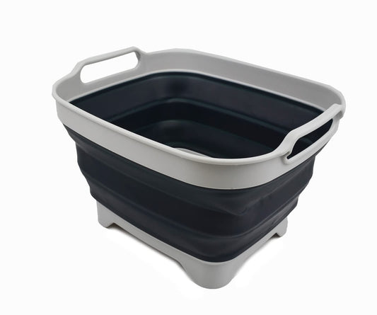 SAMMART 7.5L Collapsible Dishpan with Draining Plug - Foldable Washing Basin - Portable Dish Washing Tub - Space Saving Kitchen Storage Tray (Grey/Slate Grey, 1)