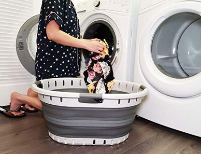 SAMMART 57L Collapsible 3-Handled Plastic Laundry Basket - Oval Tub/Basket - Foldable Storage Container/Organizer - Portable Washing Tub - Space Saving Laundry Hamper