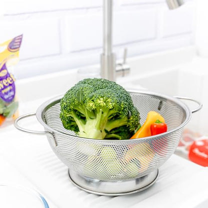 SAMMART 25cm Perforated Stainless Steel Sheet Colander with Handle - Strainer for Pasta, Noodle and Fruits