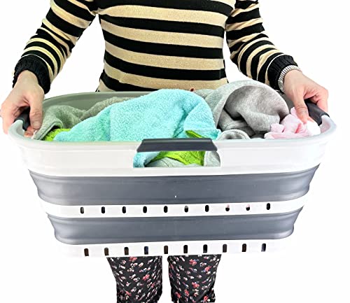 SAMMART Collapsible Laundry Basket (21L Collapsible Laundry Basket with Holes (White/Grey))