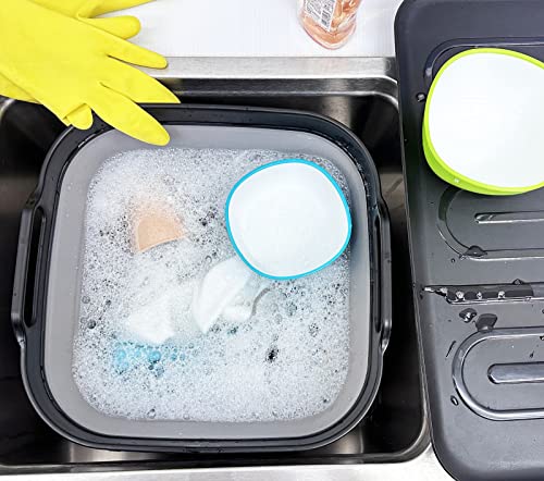 SAMMART 10L (2.64 Gallon) Collapsible Dishpan with Draining Plug - Foldable Washing Basin - Portable Dish Washing Tub - Space Saving Kitchen Storage Tray
