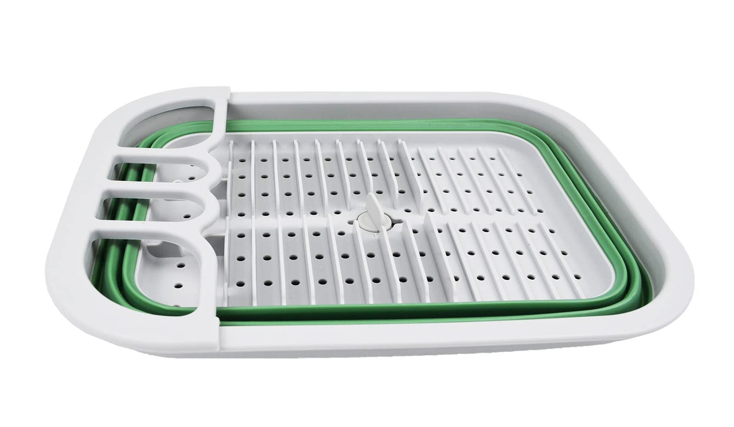 SAMMART Collapsible Plastic Dish Drainer with Drainer Board-Foldable Drying Rack Set-Portable Dinnerware Organizer-Space Saving Kitchen Storage Tray (Grey/Dark Sea Green)