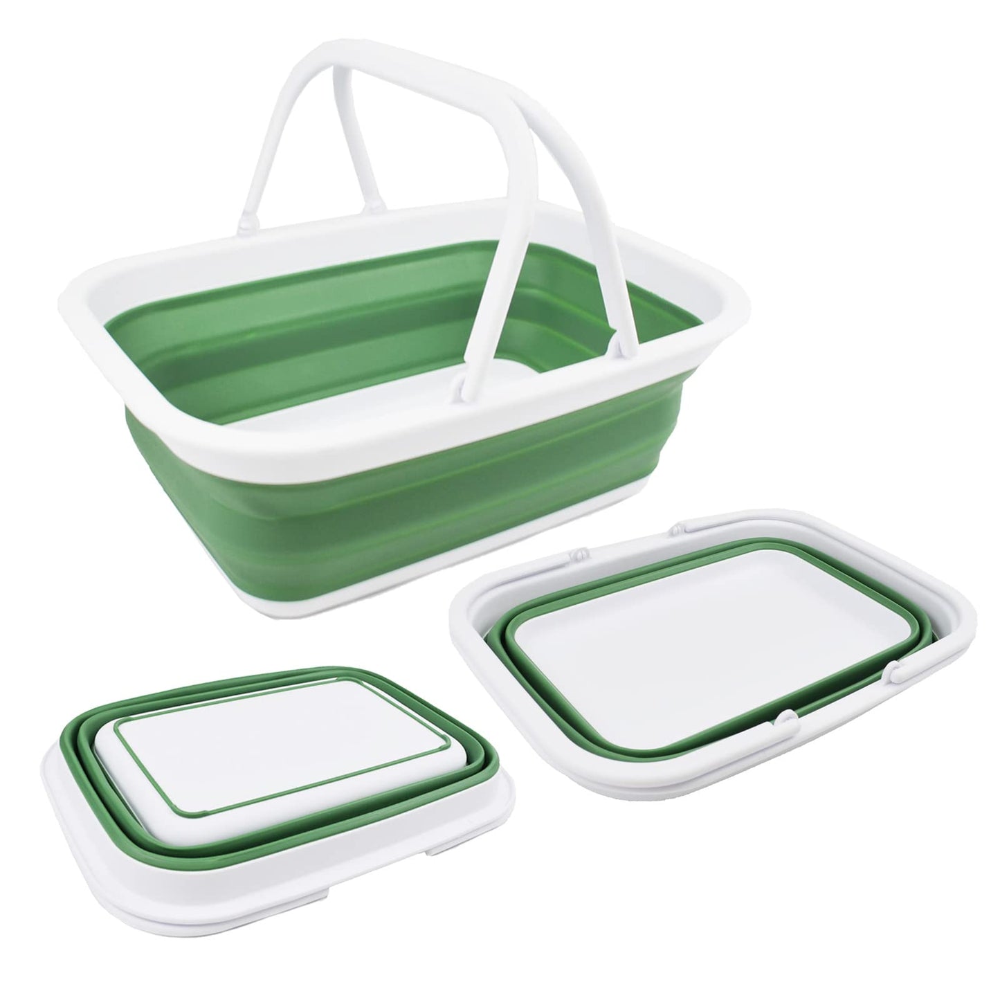 SAMMART 9.2L Collapsible Tub with Handle - Portable Outdoor Picnic Basket/Crater - Foldable Shopping Bag - Space Saving Storage Container… (White/Dark Sea Green)