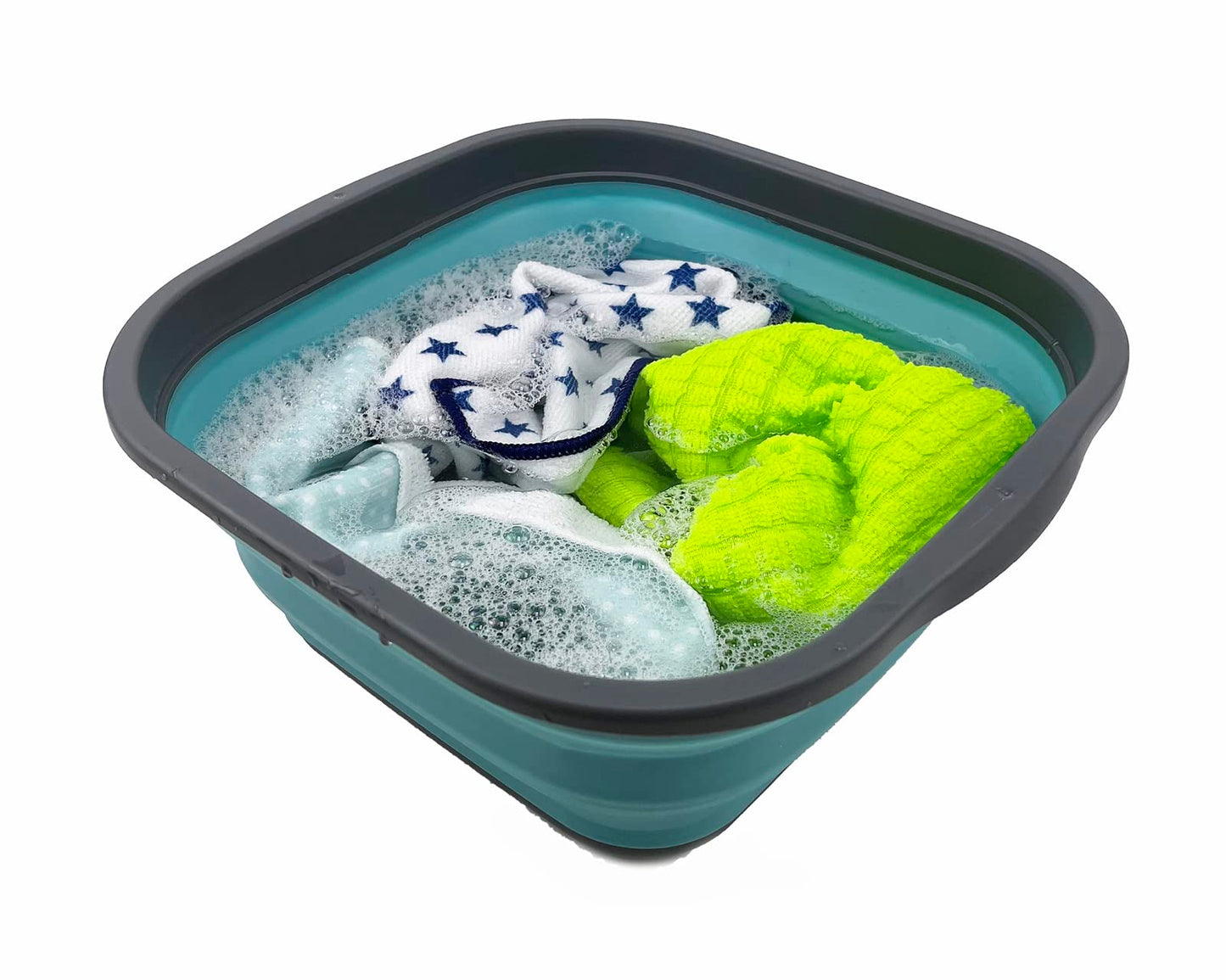 SAMMART 5.5L Collapsible Tub - Foldable Dish Tub - Portable Washing Basin - Space Saving Plastic Washtub (Grey/Crystal Blue)