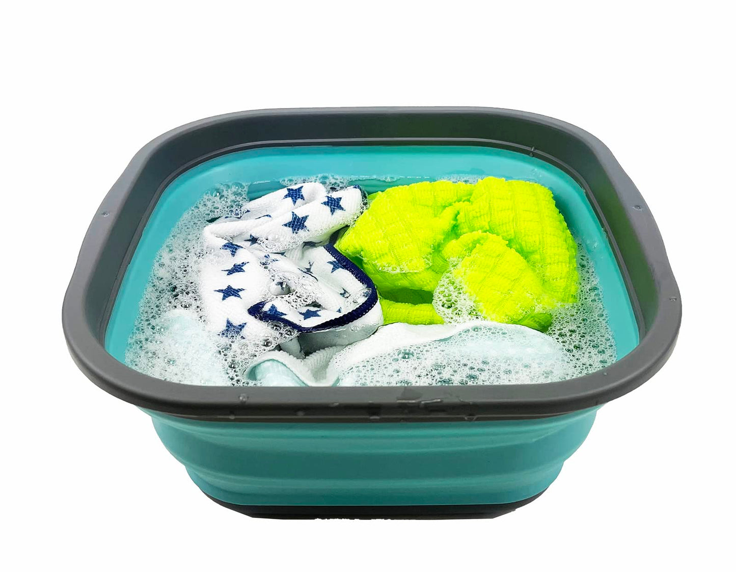 SAMMART 5.5L Collapsible Tub - Foldable Dish Tub - Portable Washing Basin - Space Saving Plastic Washtub (Grey/Crystal Blue)