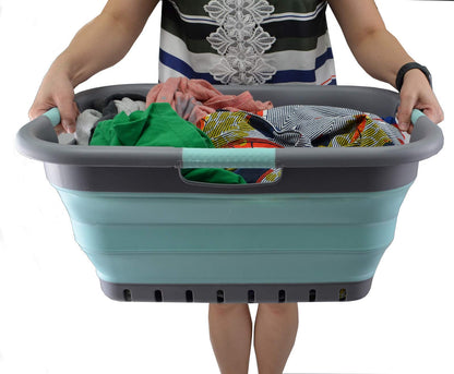 SAMMART 41L Collapsible 3 Handled Plastic Laundry Basket - Foldable Pop Up Storage Container/Organizer - Portable Washing Tub - Space Saving Hamper/Basket (Medium Grey/Lake Green)